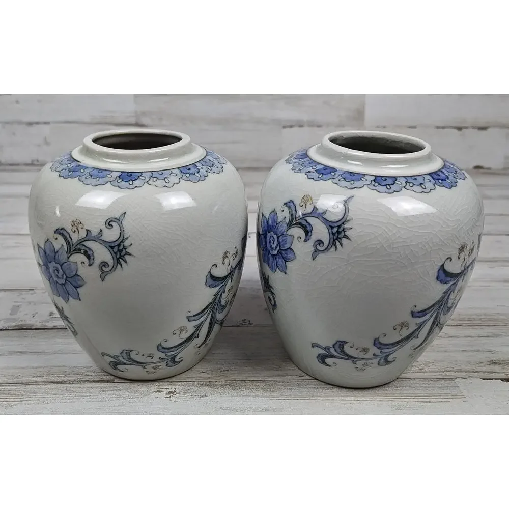 Andrea by Sadek Blue Floral Ginger Jar Vases Pair Japan White Porcelain No Lids